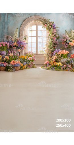 Tło fotograficzne „Wiosenne okno z kwiatami pastelowymi” | E627